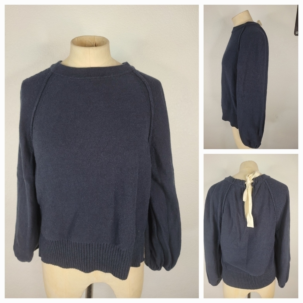 By Anthropologie Semi Crop Sweater Sz S Crewneck Balloon Sleeve Key Hole Back